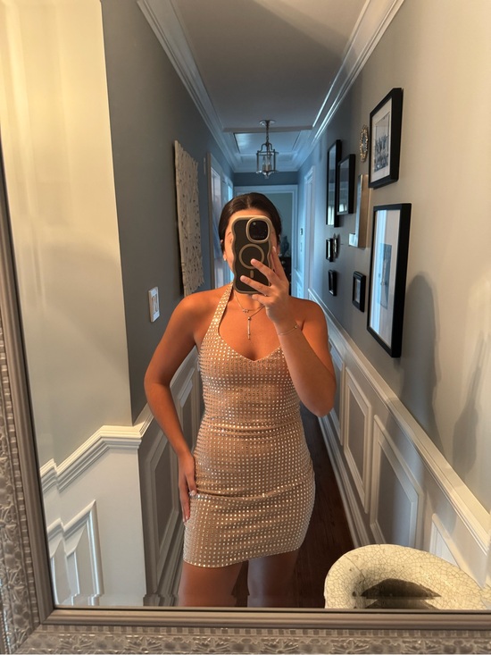 White Fox Boutique Dresses & Skirts - White Fox Boutique Champagne Beaded Halter Mini Dress